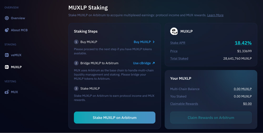 Bảng staking của MUXLP với APR lên đến 18.42%